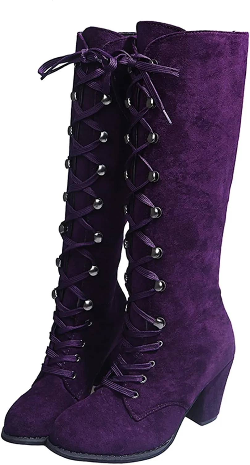 Womens Boots Retro Lace Up Warm Insulated Winter Boots for Women Thick Heels Solid Color Mid-Calf Boots for Women