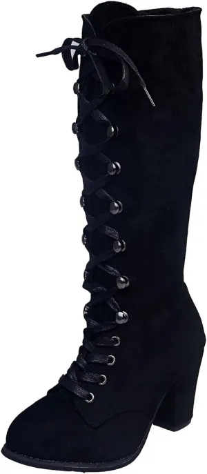 Womens Boots Retro Lace Up Warm Insulated Winter Boots for Women Thick Heels Solid Color Mid-Calf Boots for Women