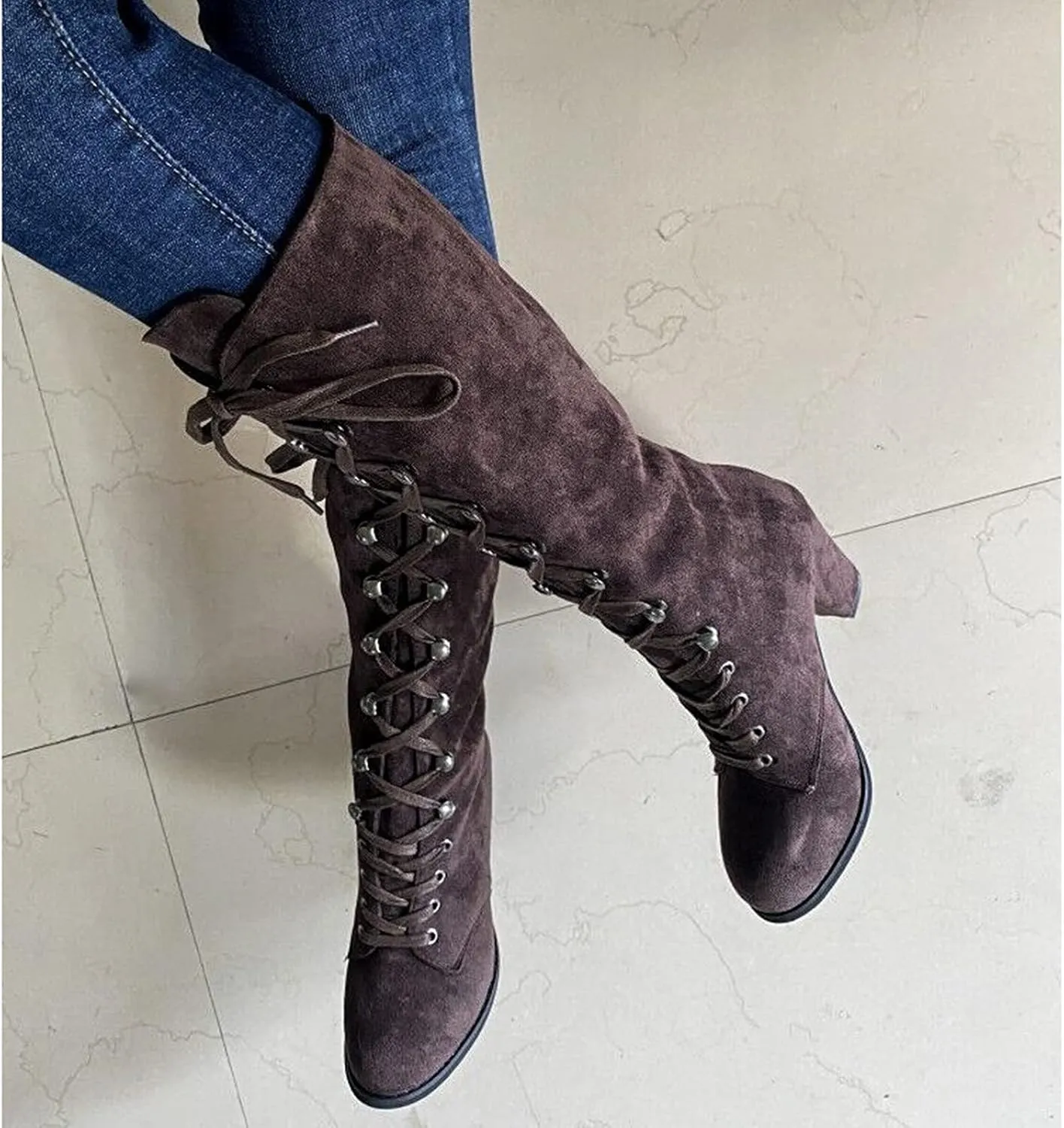 Womens Boots Retro Lace Up Warm Insulated Winter Boots for Women Thick Heels Solid Color Mid-Calf Boots for Women