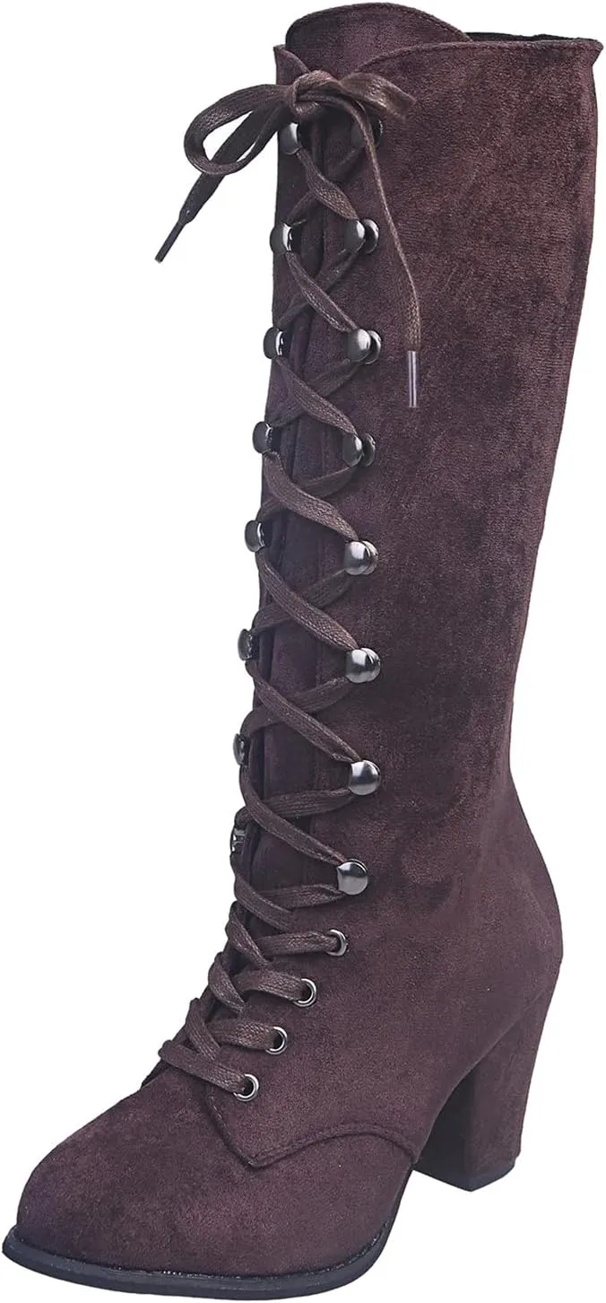 Womens Boots Retro Lace Up Warm Insulated Winter Boots for Women Thick Heels Solid Color Mid-Calf Boots for Women
