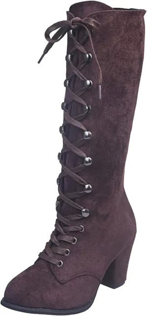 Womens Boots Retro Lace Up Warm Insulated Winter Boots for Women Thick Heels Solid Color Mid-Calf Boots for Women