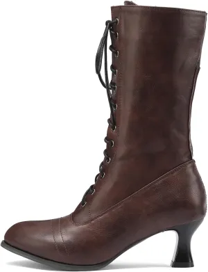 Womens Boots Retro Solid Color Lace Up Short Heel Winter Boots for Women Warm Durable PU Leather Mid-Calf Boots