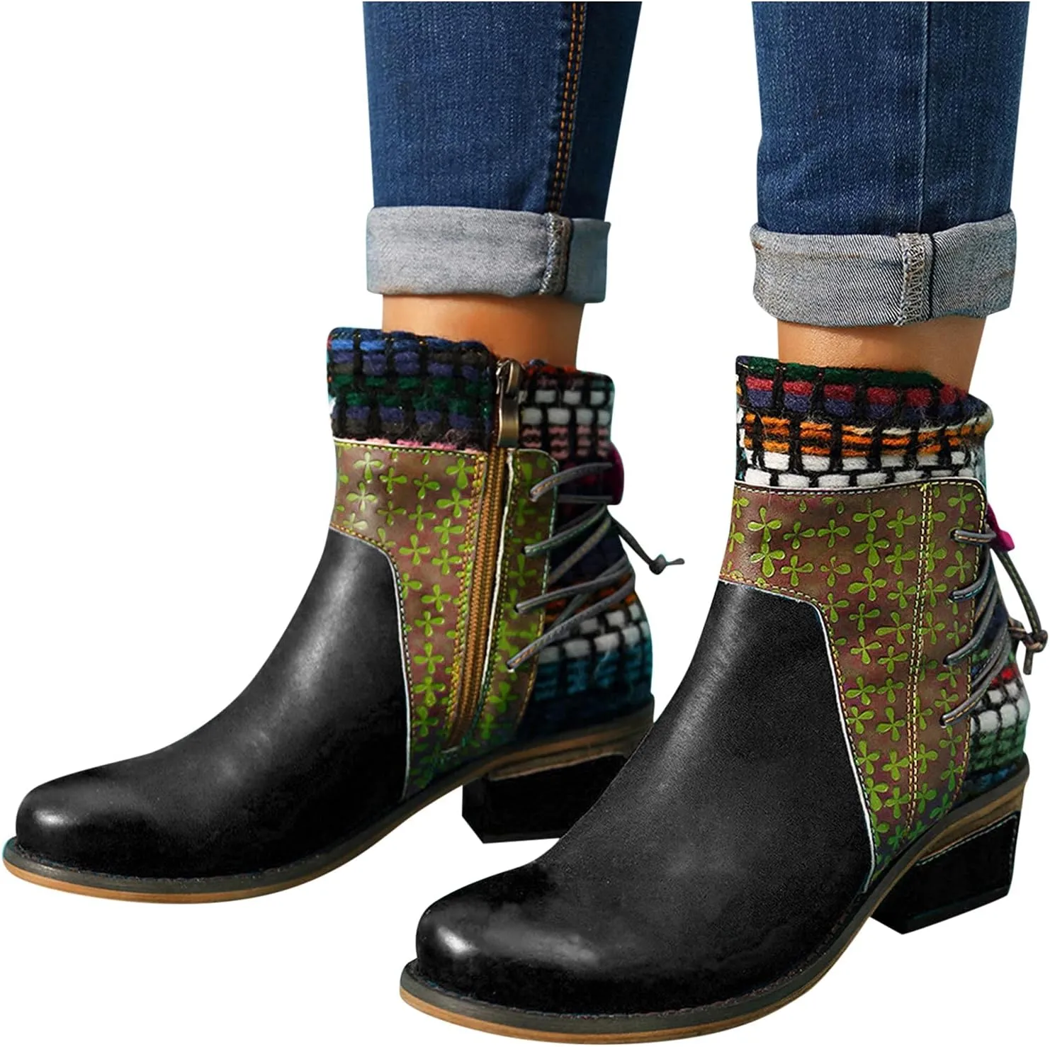 Womens Boots Roman Ethnic Style Soft Cozy PU Leather Fashion Boots for Women Side Zipper Square Heel Ankle Boots