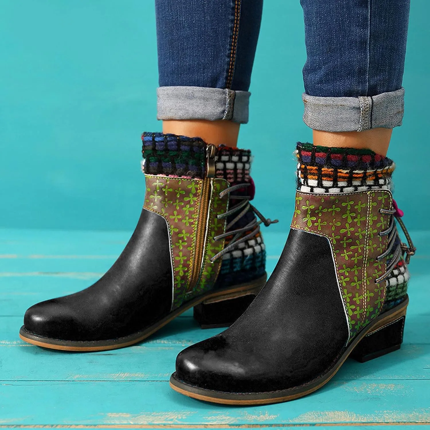 Womens Boots Roman Ethnic Style Soft Cozy PU Leather Fashion Boots for Women Side Zipper Square Heel Ankle Boots