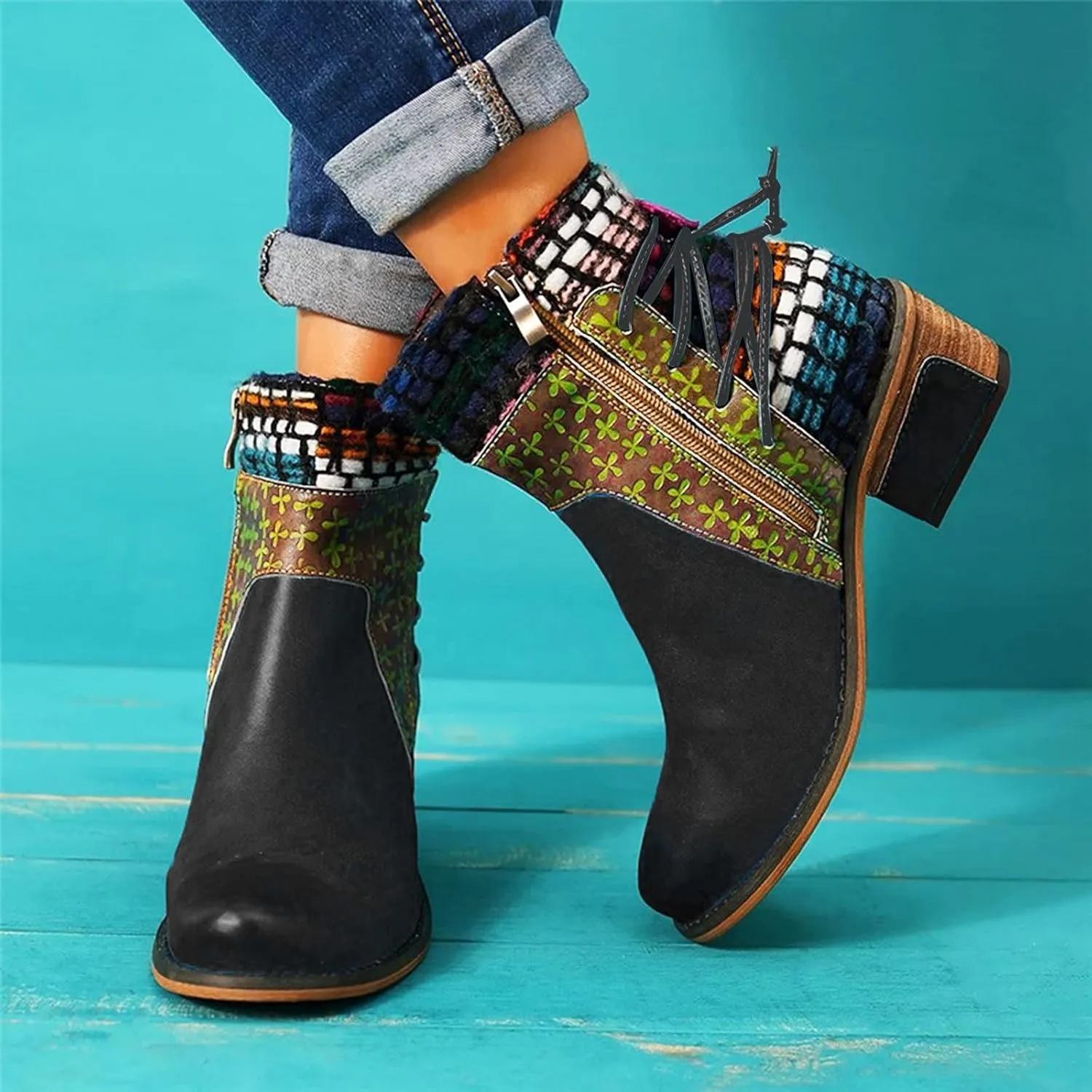 Womens Boots Roman Ethnic Style Soft Cozy PU Leather Fashion Boots for Women Side Zipper Square Heel Ankle Boots