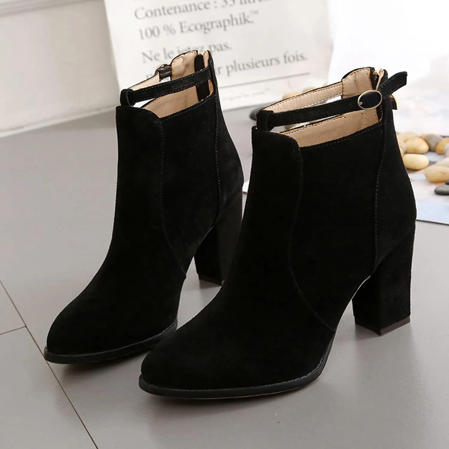 Womens Boots Warm Flock PU Leather Thick Heel Fashion Boots for Women Solid Color Round Toe Elegant Ankle Boots