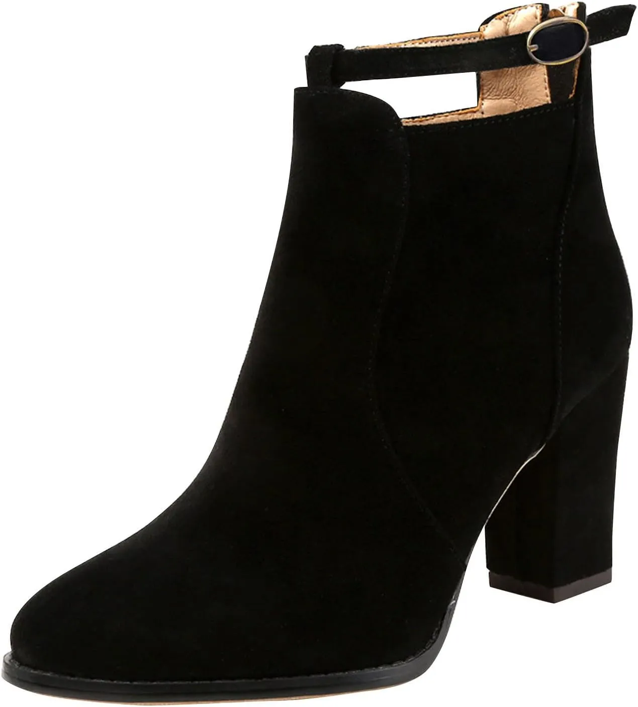 Womens Boots Warm Flock PU Leather Thick Heel Fashion Boots for Women Solid Color Round Toe Elegant Ankle Boots