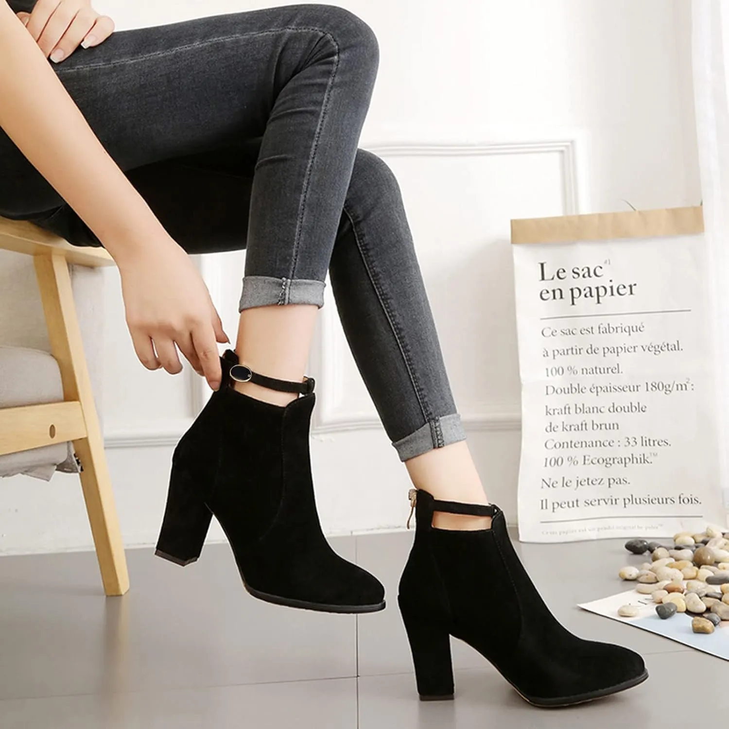 Womens Boots Warm Flock PU Leather Thick Heel Fashion Boots for Women Solid Color Round Toe Elegant Ankle Boots