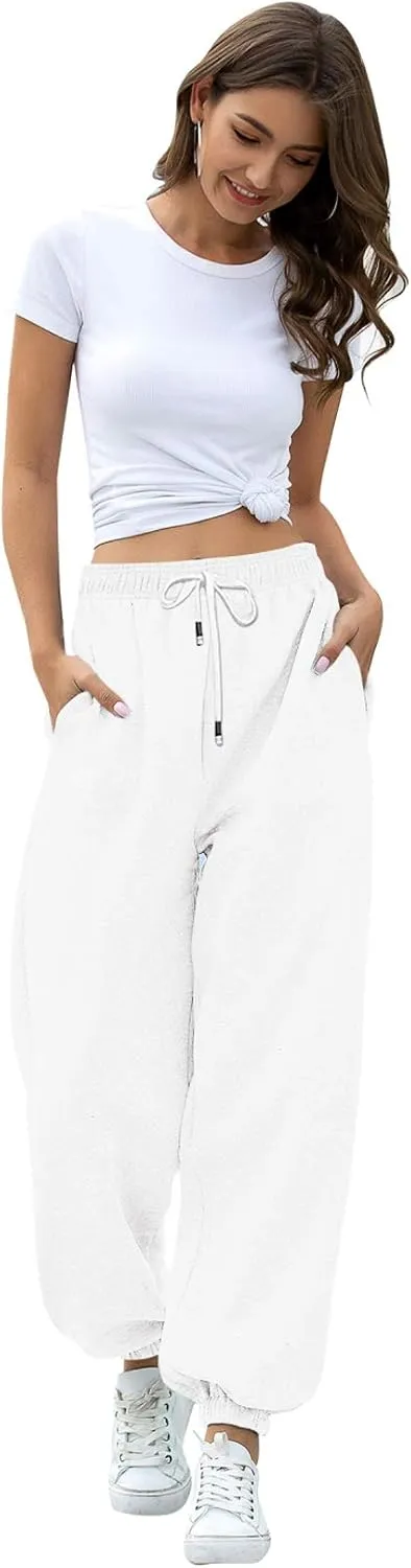 Womens Cinch Bottom Sweatpants Pockets High Waist Sporty Gym Athletic Fit Jogger Pants Lounge Trousers