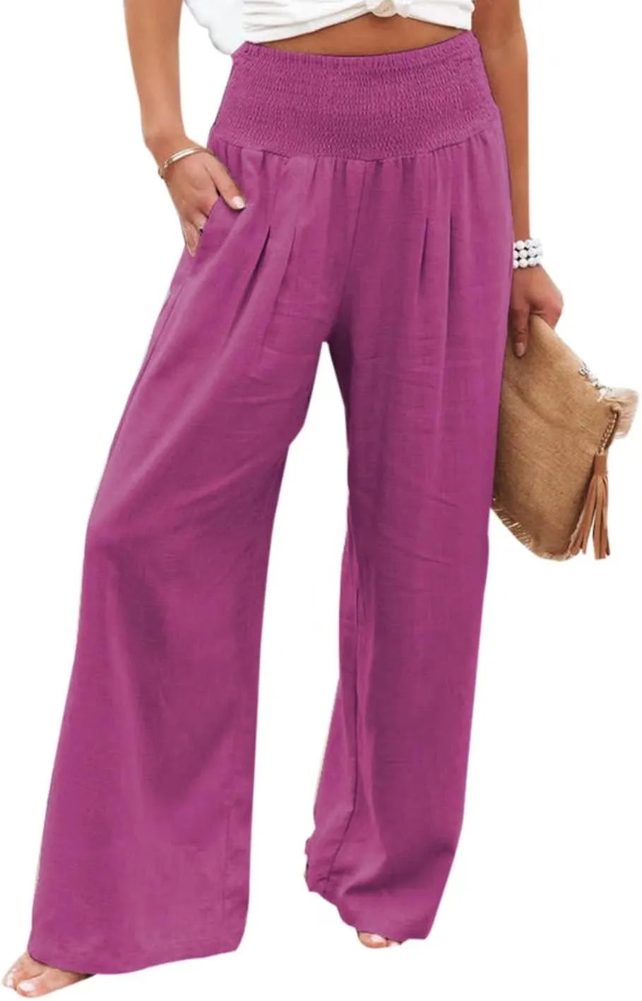 Women's High Waist Breathable Casual Wide Leg Pants with Pockets Hundred Solid Color Cotton Linen Pants