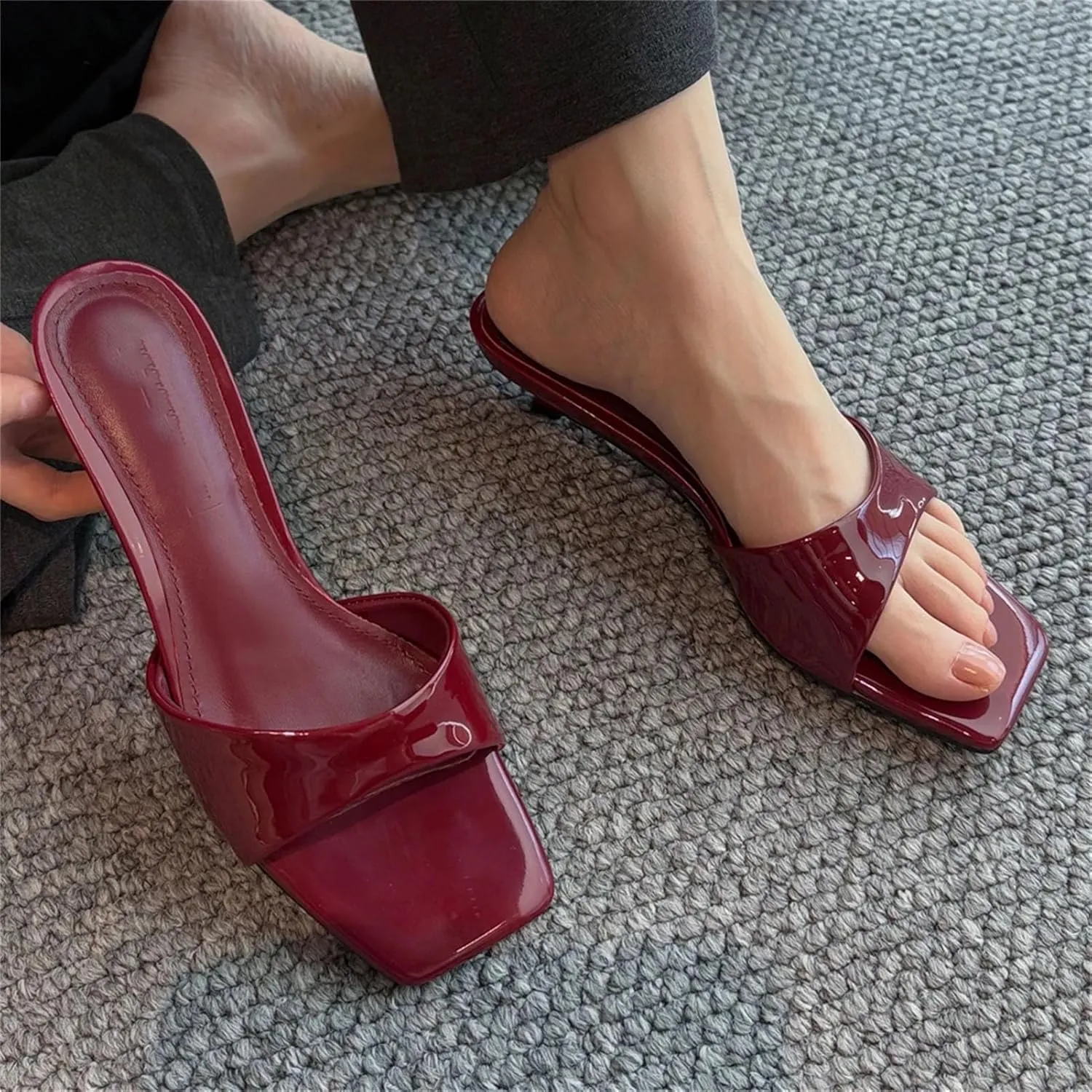Women's Patent Leather Open Toe Sandals - Kitten Heels, Summer Fashion Casual, Simple Comfortable Slippers