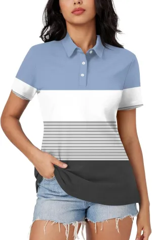 Women's Polo Shirts Short Sleeve Comfortable Breathable Wicking Shirt Solid Colour Stripe 3 Buttons Lapels Casual Tops