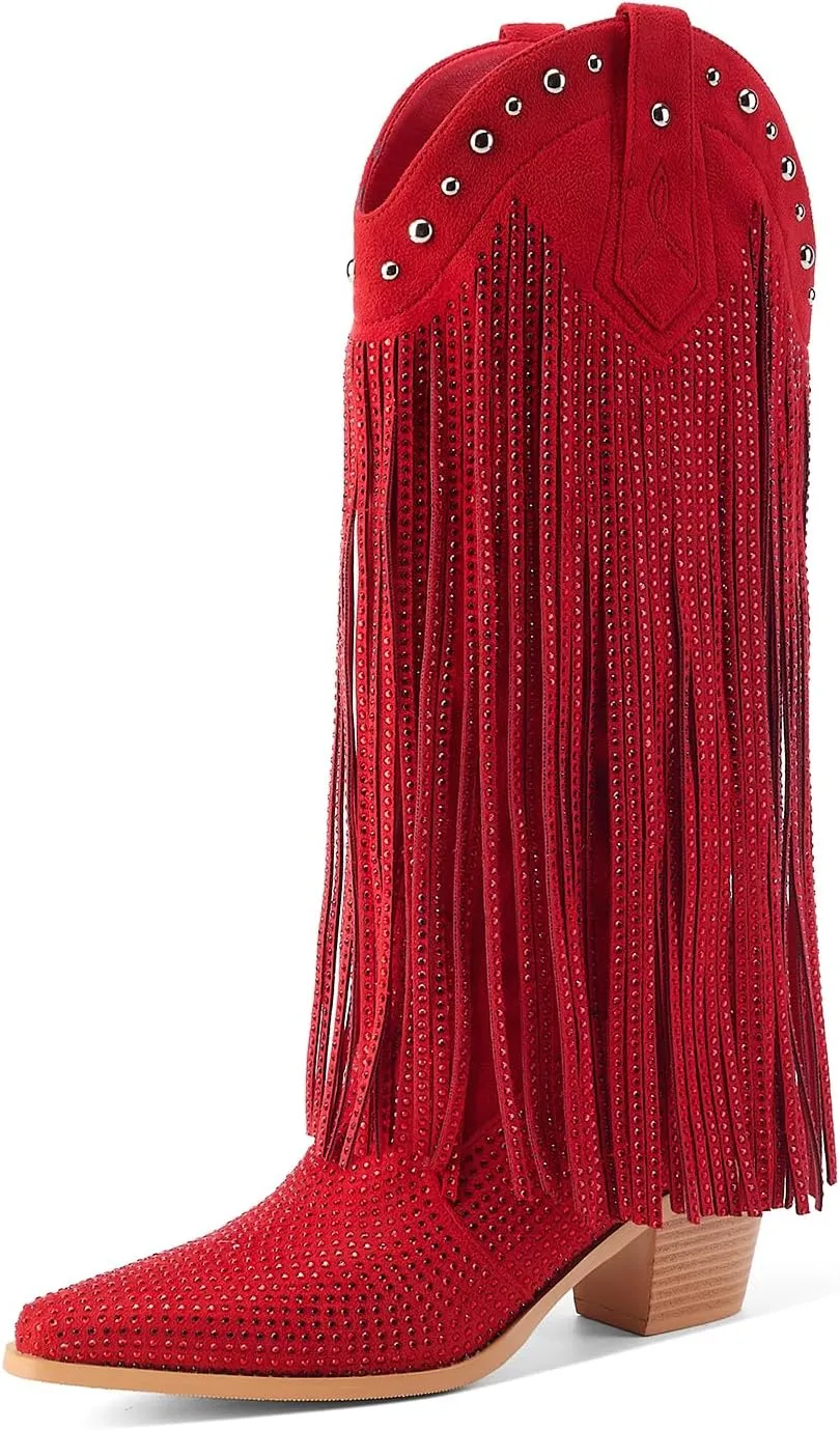 Women's Rhinestone Fringe Cowgirl Boots, Sparkly Western Cowboy Boots Pointed Toe Knee Block Chunky Middle Heel Pull On Mid Calf Boots for Women Girl Party