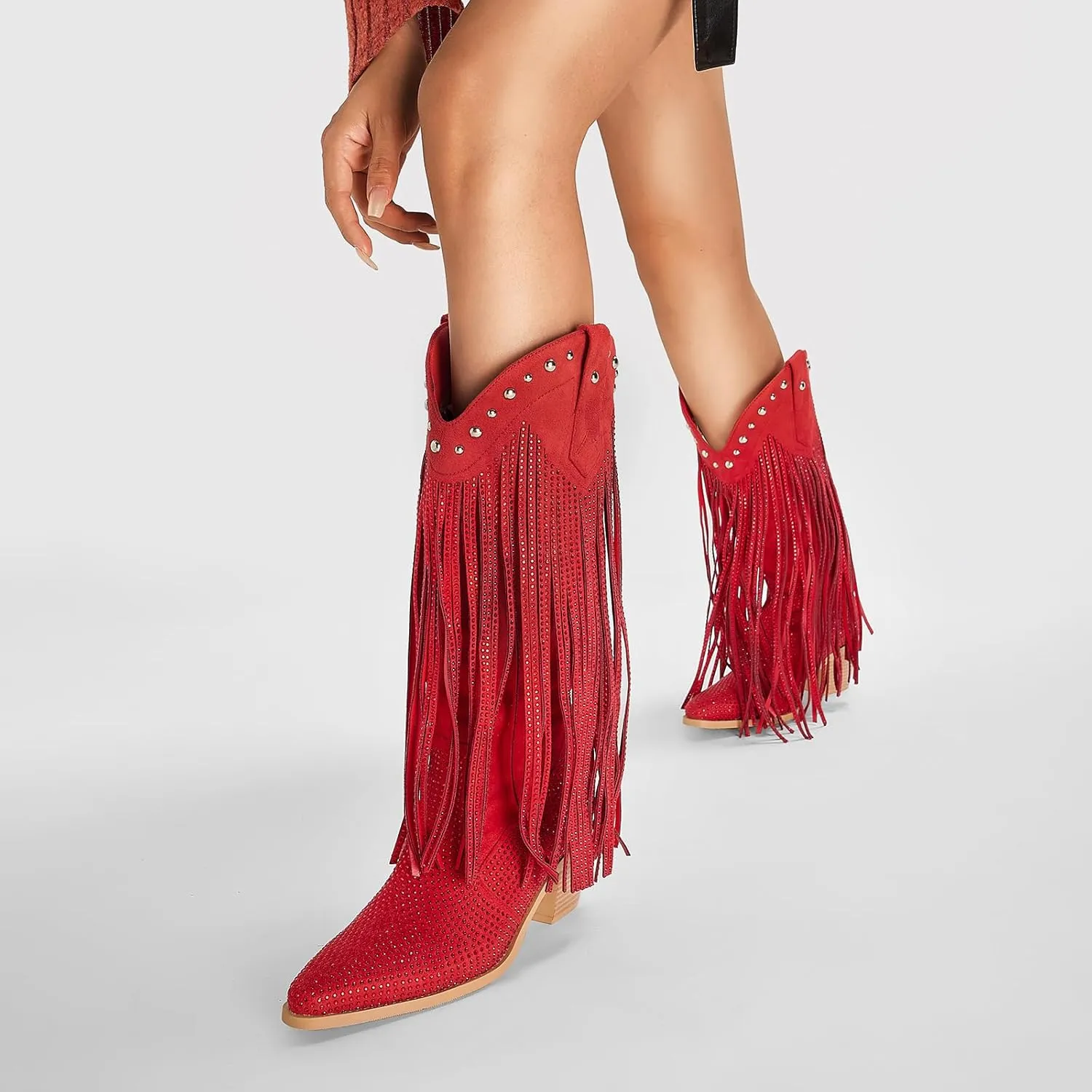Women's Rhinestone Fringe Cowgirl Boots, Sparkly Western Cowboy Boots Pointed Toe Knee Block Chunky Middle Heel Pull On Mid Calf Boots for Women Girl Party