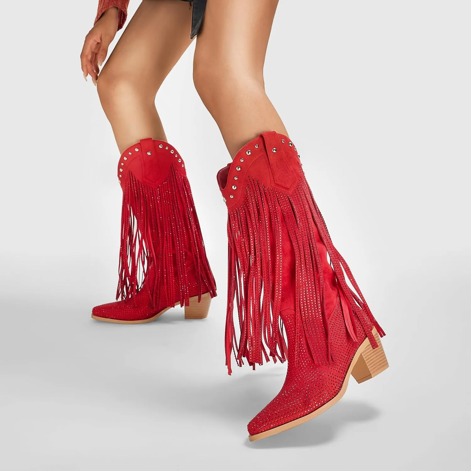 Women's Rhinestone Fringe Cowgirl Boots, Sparkly Western Cowboy Boots Pointed Toe Knee Block Chunky Middle Heel Pull On Mid Calf Boots for Women Girl Party