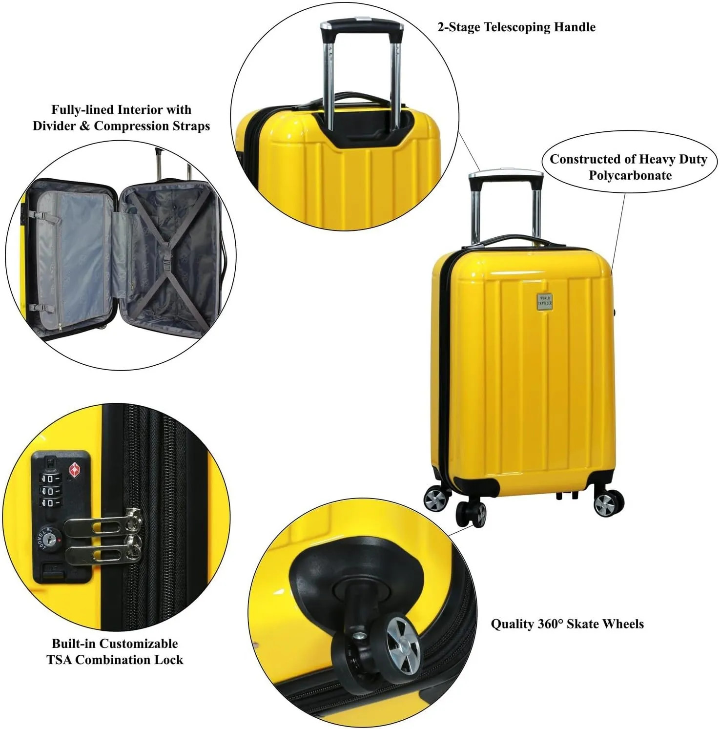 World Traveler Contour Hardside Spinner Luggage TSA Lock, Yellow, 3-Piece Set