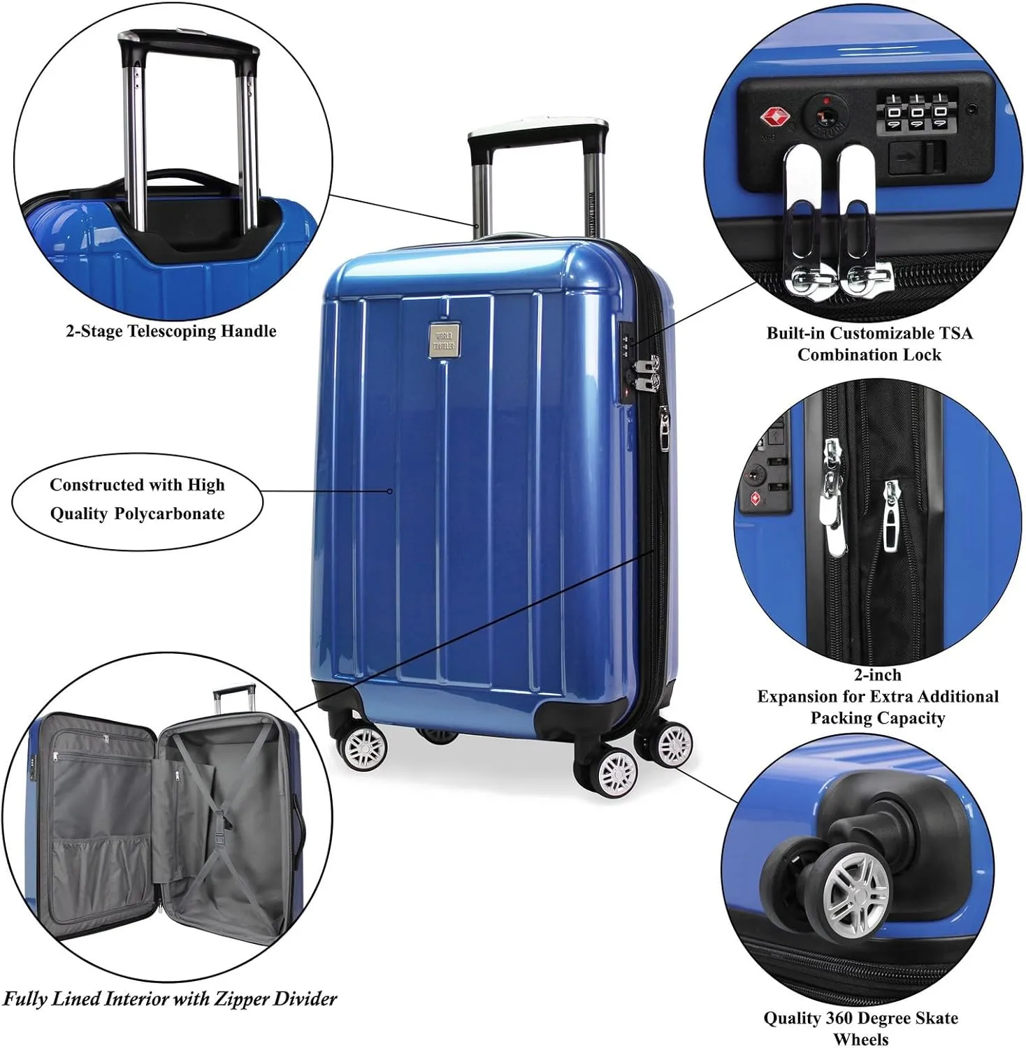 World Traveler VentureX Airline Approved Carry-On Luggage  Lightweight Hardside Suitcase with Spinner Wheels, Contour Blue, 20-inch