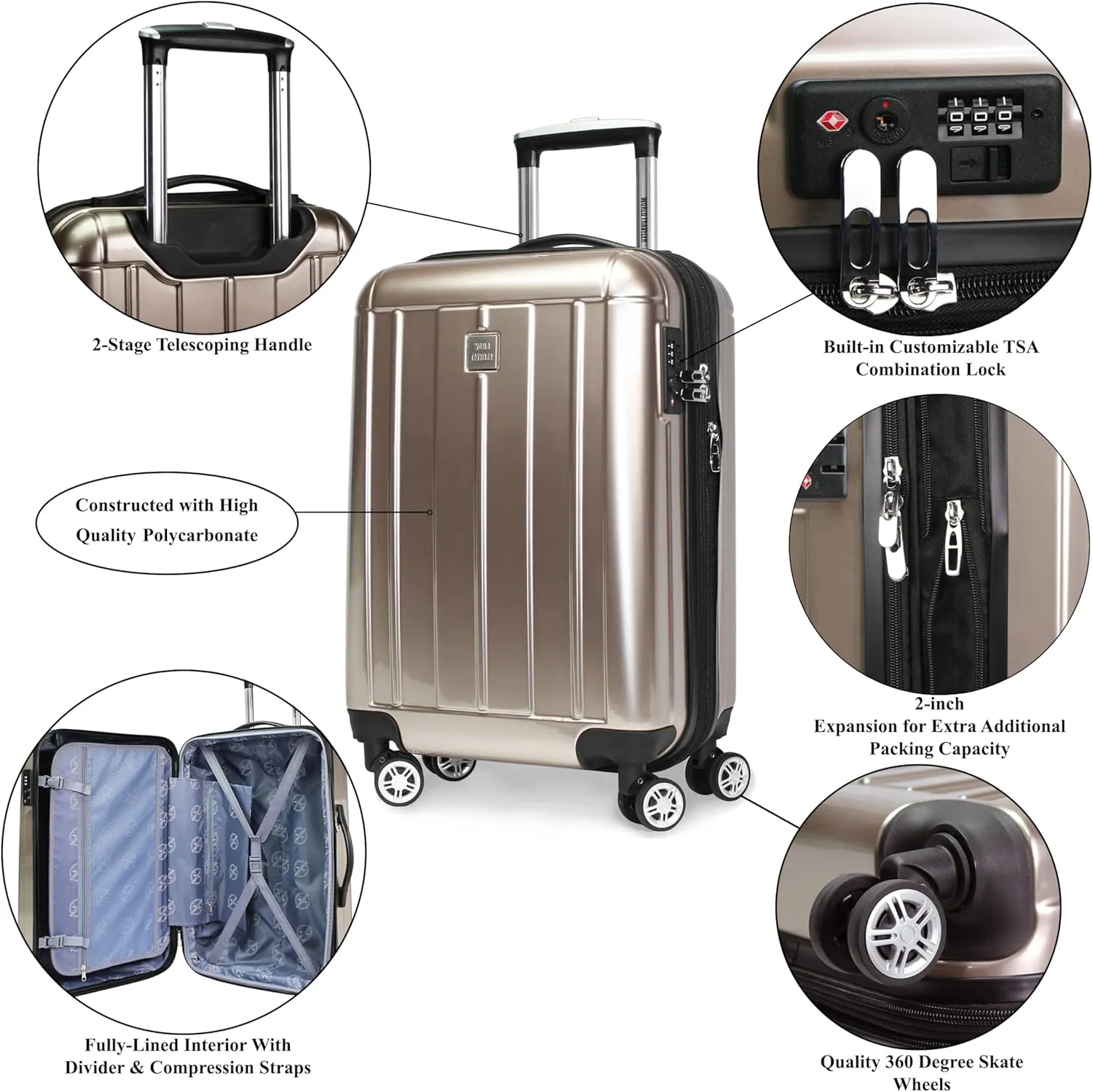 World Traveler VentureX Airline Approved Carry-On Luggage  Lightweight Hardside Suitcase with Spinner Wheels, Contour Champagne, 20-inch