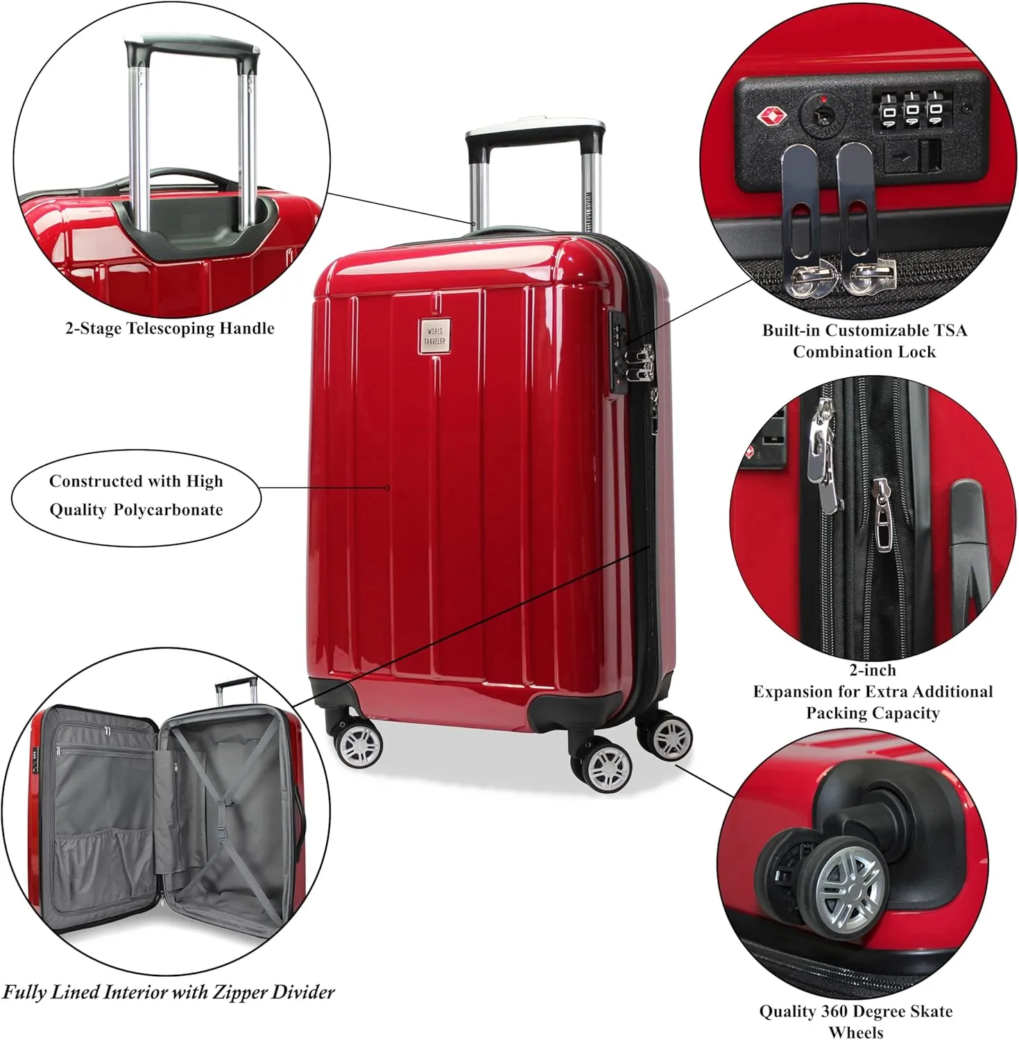 World Traveler VentureX Airline Approved Carry-On Luggage  Lightweight Hardside Suitcase with Spinner Wheels, Contour Red, 20-inch