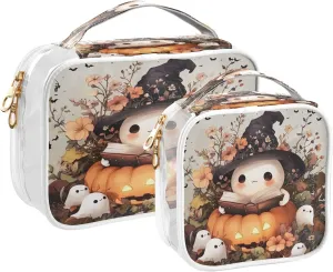 xigua Cute Ghost Wearing Witch Hat Makeup Bag for Women, Clear Travel Cosmetic Bag, Portable Waterproof Toiletry Bags for Travel Vacation Bathroom Organizing