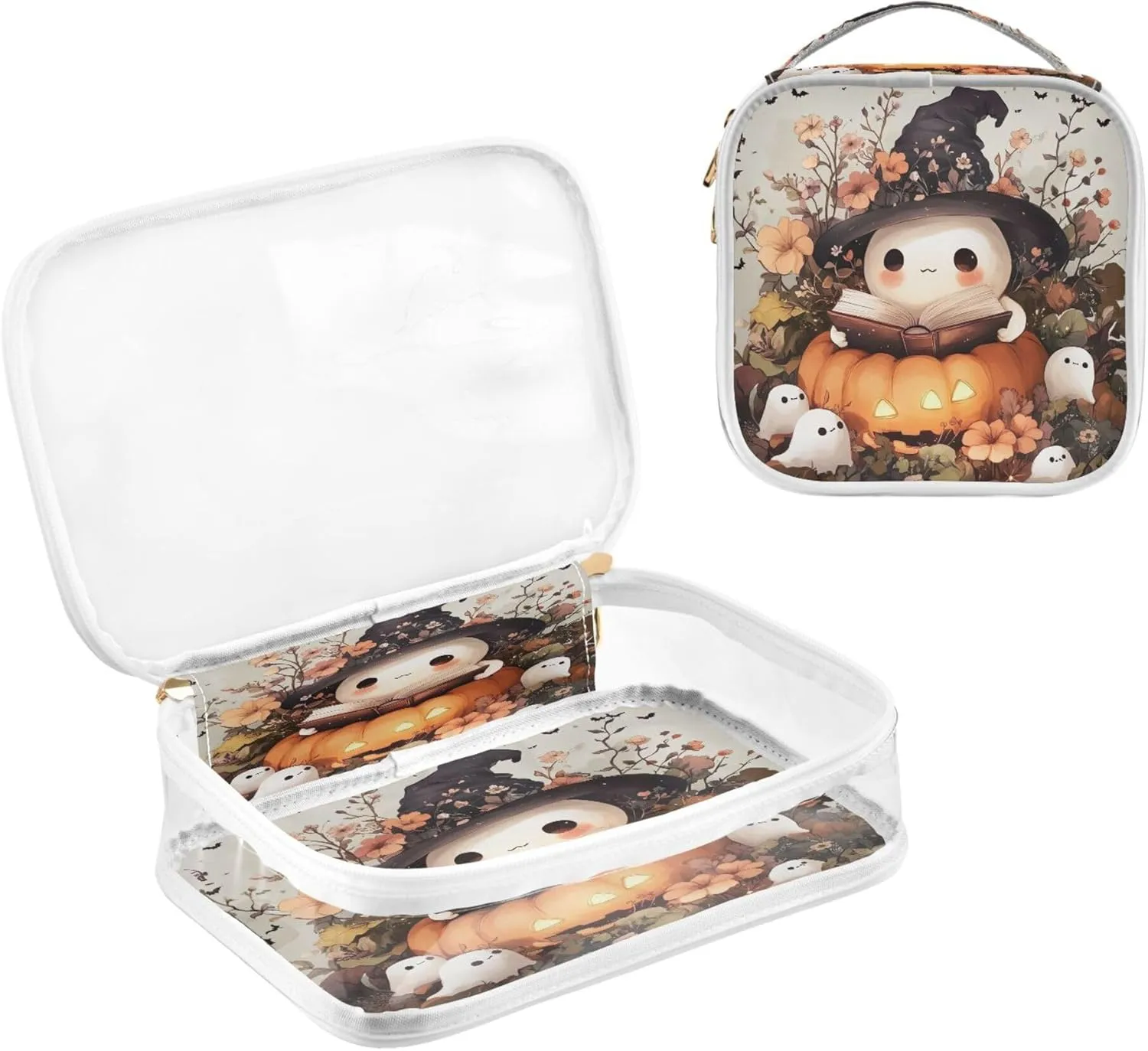 xigua Cute Ghost Wearing Witch Hat Makeup Bag for Women, Clear Travel Cosmetic Bag, Portable Waterproof Toiletry Bags for Travel Vacation Bathroom Organizing