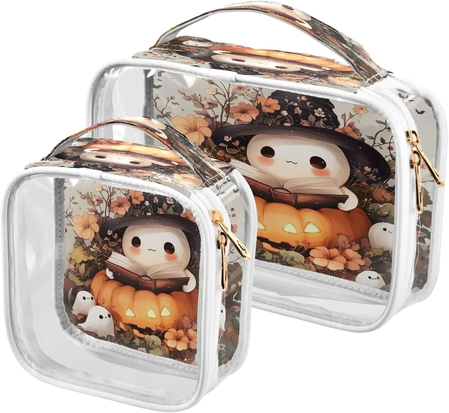 xigua Cute Ghost Wearing Witch Hat Makeup Bag for Women, Clear Travel Cosmetic Bag, Portable Waterproof Toiletry Bags for Travel Vacation Bathroom Organizing