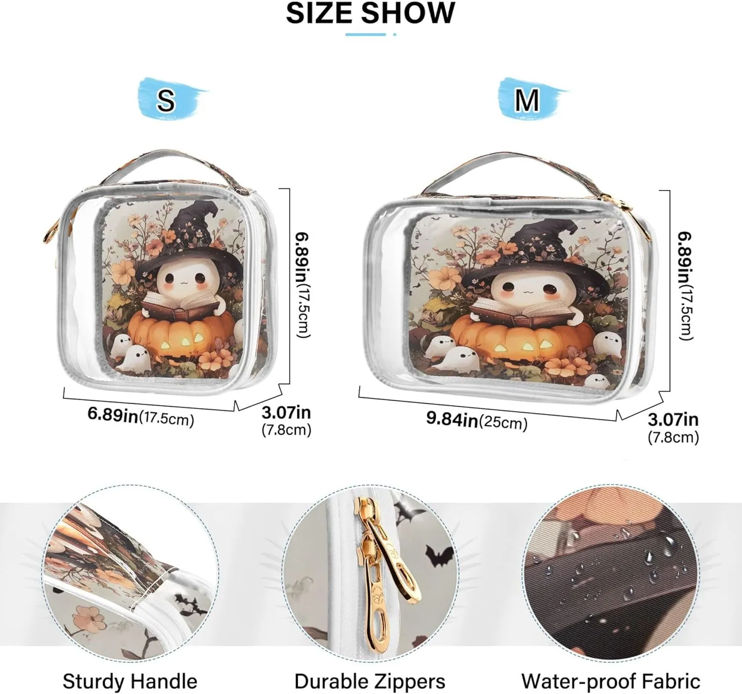 xigua Cute Ghost Wearing Witch Hat Makeup Bag for Women, Clear Travel Cosmetic Bag, Portable Waterproof Toiletry Bags for Travel Vacation Bathroom Organizing